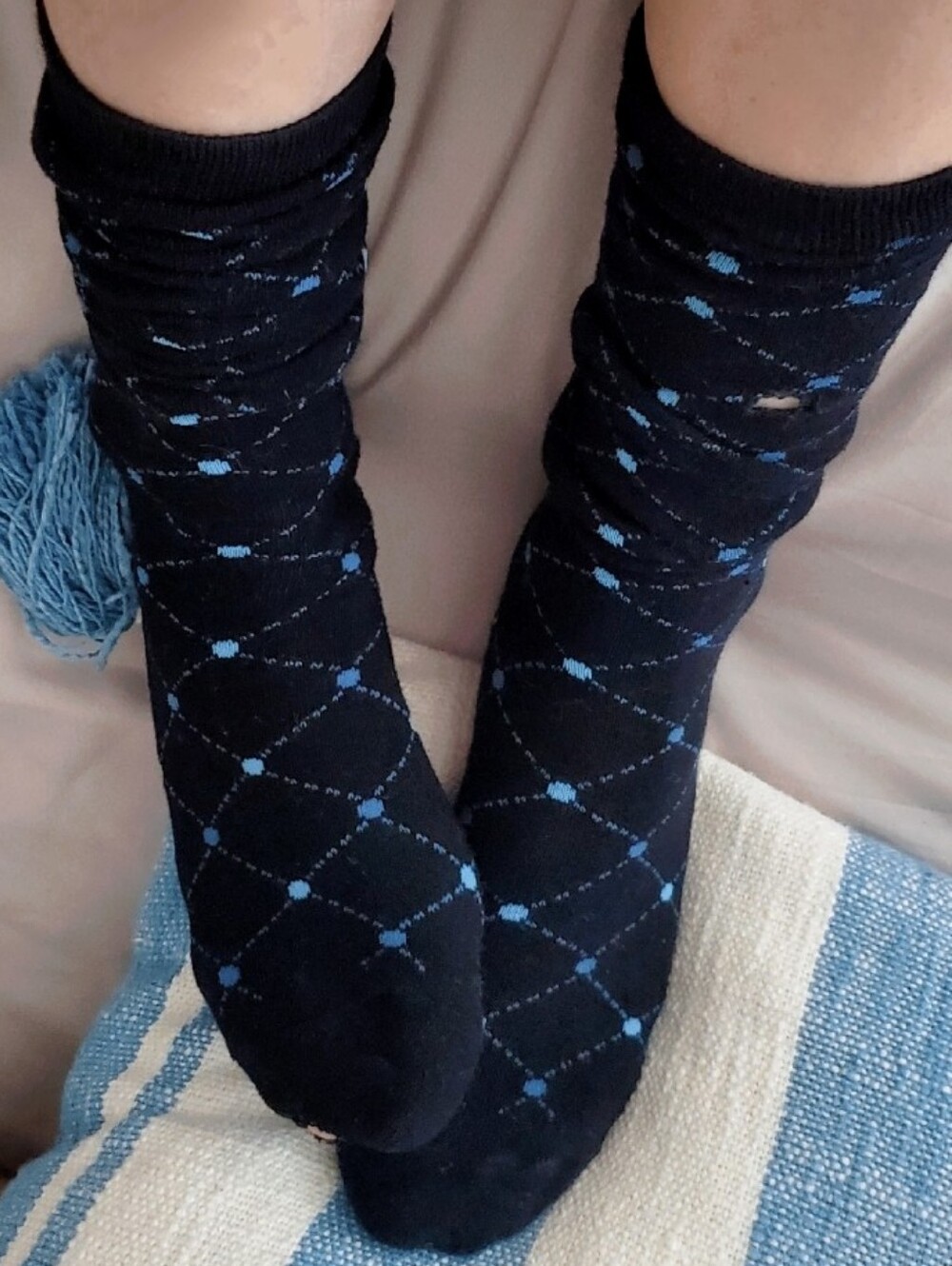 The Bay Hue Knee High Diamond Print Spotted Black And Blue Socks